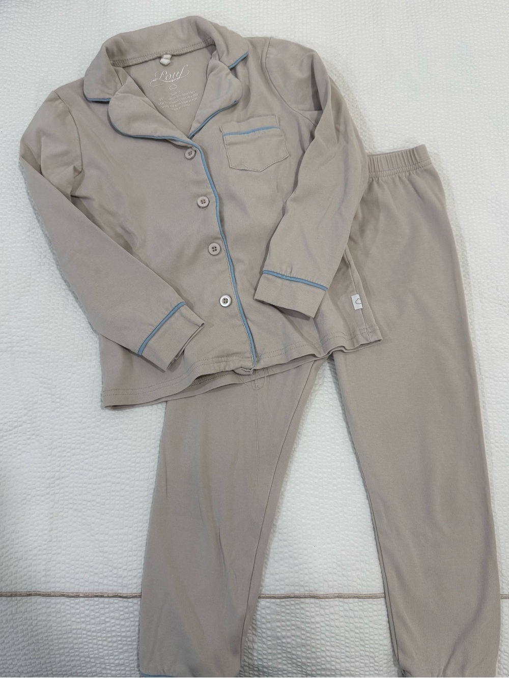 Pouf Baby Beige Pajama Set with Blue Trim